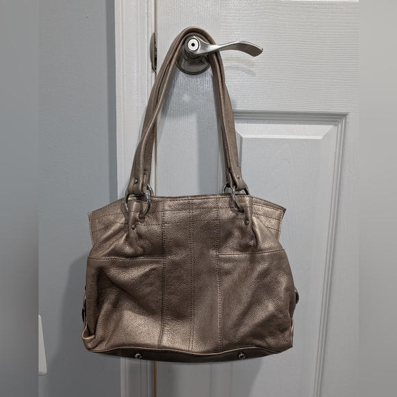 Tignanelle Metallic Gold Pebble Leather Double Handle with Zipper Shoulder Bag - Picture 5 of 13